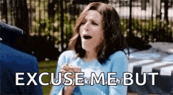 a woman is making a funny face and saying `` excuse me but '' while holding her hands together .