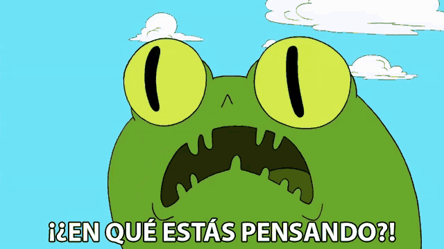 a cartoon frog says " en que estas pensando " on a blue background