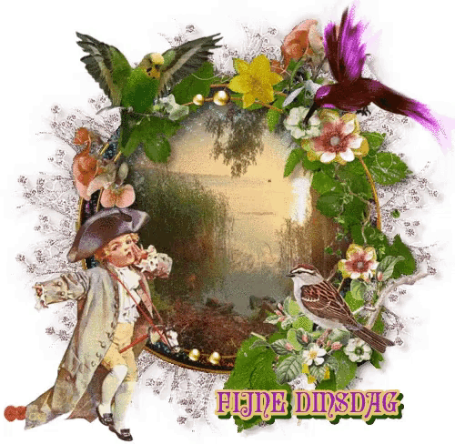a picture of a boy surrounded by flowers and birds with the caption fijne dinsdag