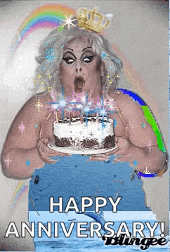 a woman with a crown on her head is holding a cake with candles and the words happy anniversary