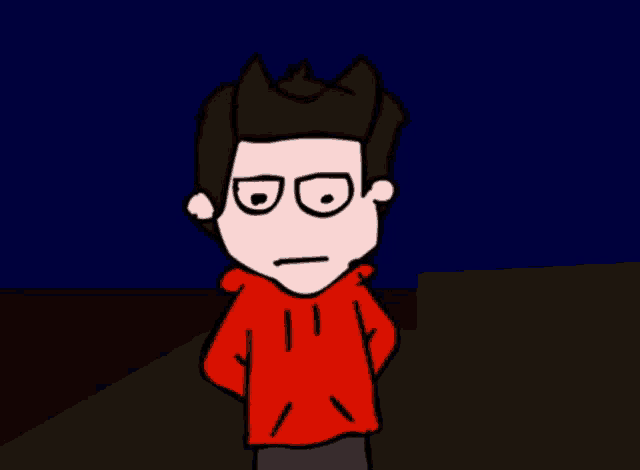 a cartoon of a boy in a red hoodie looking through a hole
