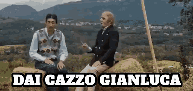 two men are sitting on a pile of hay with the words dai cazzo gianluca written above them