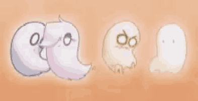a group of ghosts are sitting next to each other on an orange background