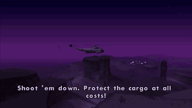 a video game screen shows a helicopter flying over a desert and says shoot 'em down protect the cargo at all costs