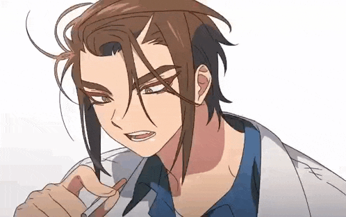 a close up of a cartoon character with brown hair and a blue shirt on a white background .