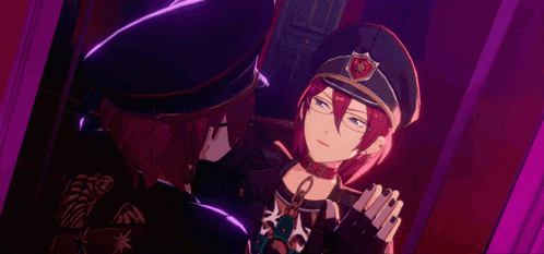 two anime characters are standing next to each other in a dark room .