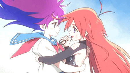 a girl with purple hair and a girl with red hair hugging each other