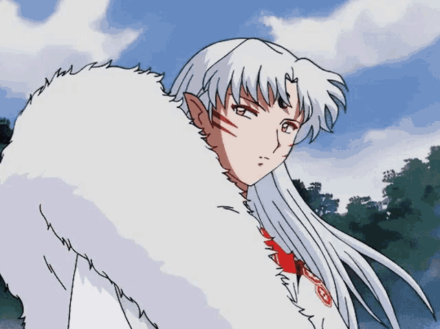 a cartoon character with long white hair and a red scarf around his neck .