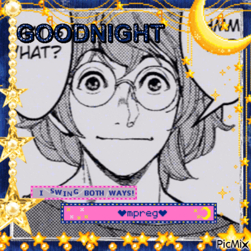 a picture of a girl with glasses says goodnight