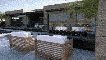 an artist 's impression of a house with a fire pit in the backyard