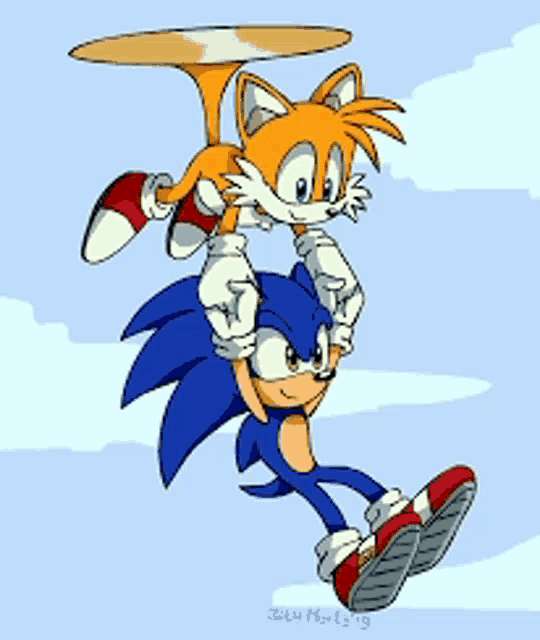 sonic the hedgehog and tails the fox flying in the sky