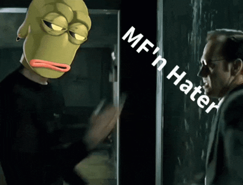 a man with a cartoon face on his head is talking to another man with the words mfn hater written on the bottom