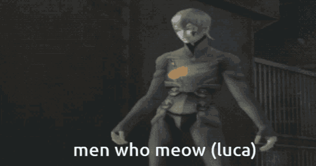 a picture of a cat with the words men who meow ( luca ) on the bottom