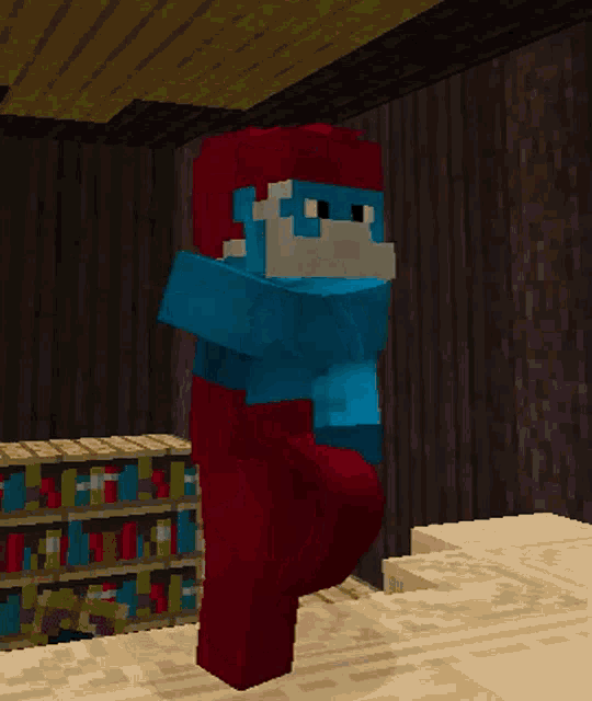 a minecraft character wearing a mask is standing in front of a book shelf