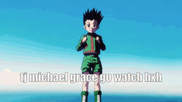 a cartoon character is standing in front of a blue sky with the words `` tj michael grace go watch hxh ''