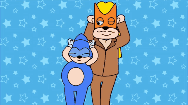 a cartoon drawing of a fox and a blue cartoon character