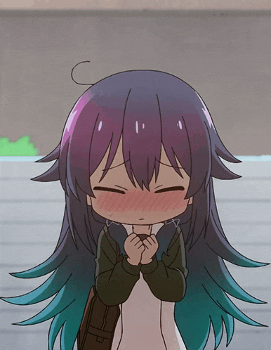 a cartoon girl with purple and blue hair covering her face