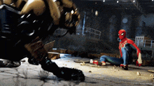 a video game scene of spider-man fighting a robot