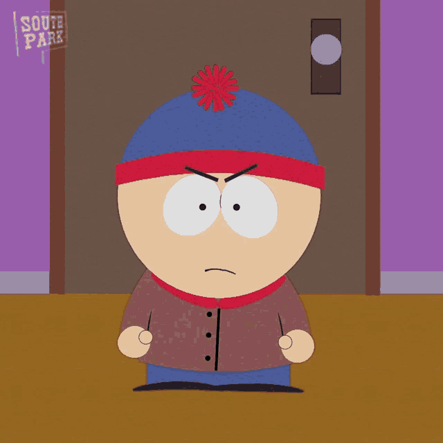 stan marsh from south park is standing in front of a door that says no