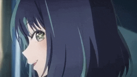 a close up of a girl with blue hair and green eyes with a star in her eye .