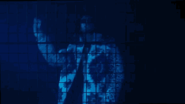 a person is behind a blue grid with a blue light shining on them