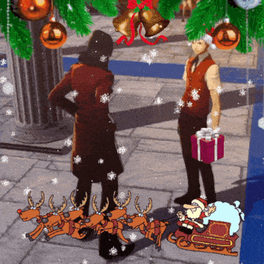 a cartoon of a man standing next to a sleigh with reindeer pulling it