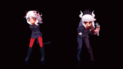 a pixel art of a girl with horns holding a glass