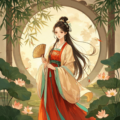 a painting of a woman holding a fan in front of a window