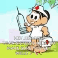 a cartoon of a nurse holding a syringe and a medical kit .