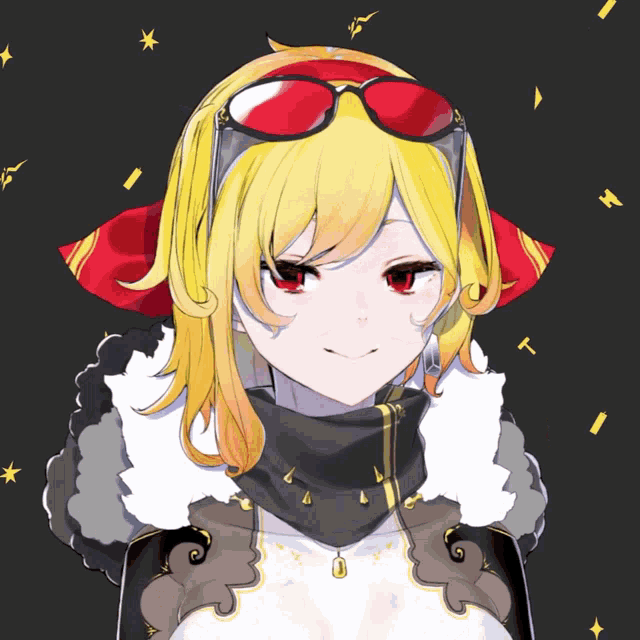 a drawing of a girl with yellow hair and red eyes wearing sunglasses