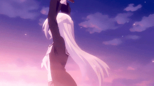 a woman with long white hair is standing in front of a pink sky