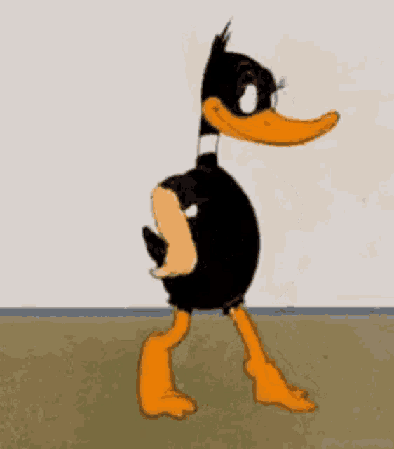a cartoon duck is peeking out from behind a wall