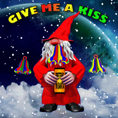a gnome holding a sign that says ' i 'm santa ' on it