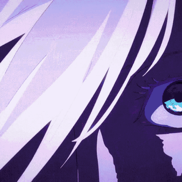 a close up of a person 's eye with white hair and blue eyes