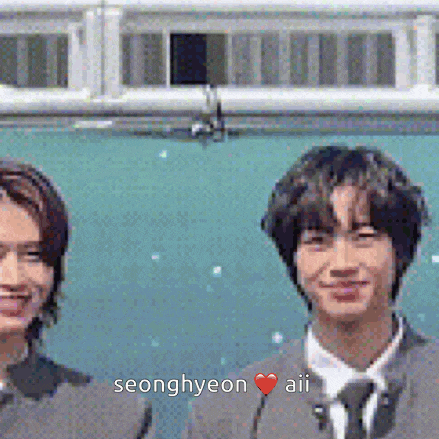 two young men in suits and ties are standing next to each other with the name seonghyeon written above them