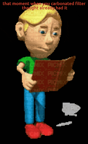 a pixel art of a boy reading a book with the words that moment when you carbonated filter thought already had it above him
