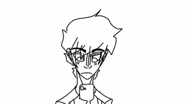 a black and white drawing of a man with glasses and a cell phone .