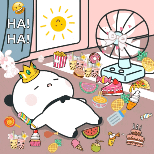 a cartoon drawing of a panda wearing a crown surrounded by food