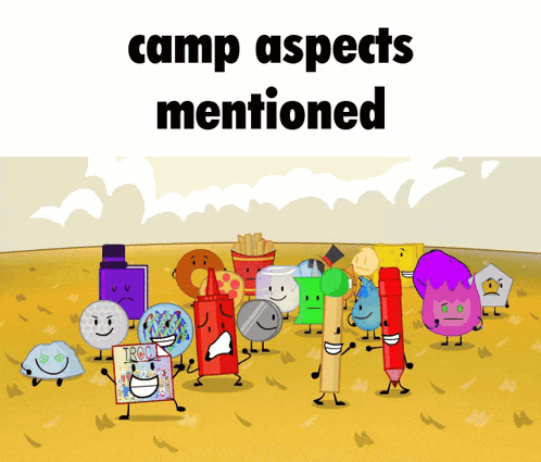 a group of cartoon characters standing in a field with the words camp aspects mentioned