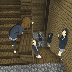 a group of anime girls are standing next to each other on a set of stairs .