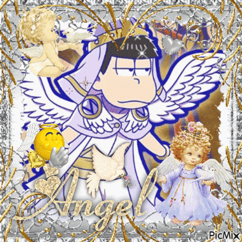 a picture of a cartoon angel with the word angel written in gold