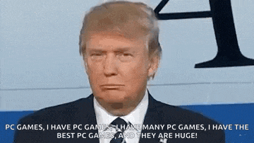 donald trump is giving a speech and saying that he has many pc games