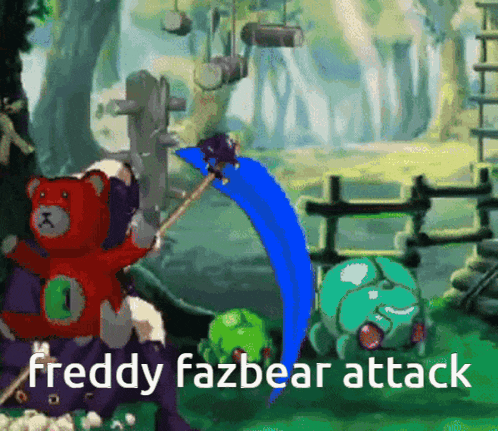 a video game scene with the words freddy fazbear attack at the top