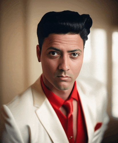 a man wearing a white suit and a red shirt