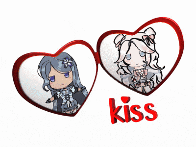 two hearts with a girl inside of them and the word kiss below them