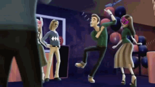 a group of people are dancing in a room with balloons and a man wearing a mask .