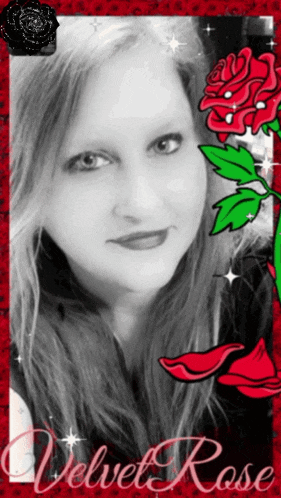 a black and white photo of a woman with the words velvet rose on the bottom right