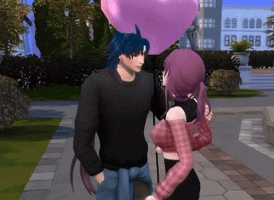 a man holding a pink heart shaped balloon and a woman holding a pink heart shaped balloon