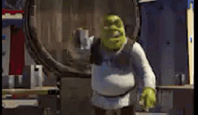 shrek is standing next to a wooden barrel in a video game .