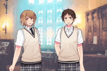 a boy and a girl standing next to each other in a room